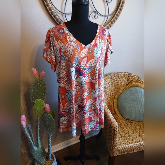 Enmain Paisley Print V-Neck Top - Orange and Blue - Picture 4 of 10